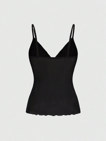 ROMWE Avant Camiseta de tirantes de mujer con estampado de letras y patchwork de encaje para el verano