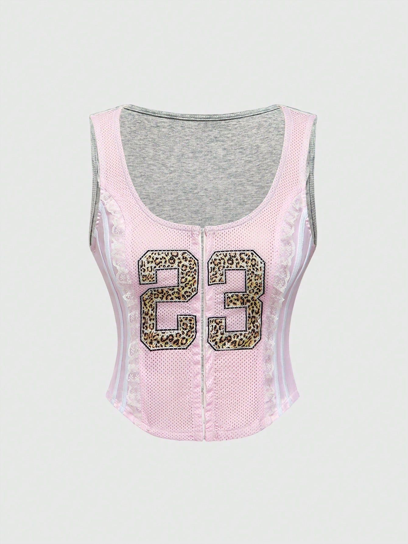 ROMWE Avant Chaleco deportivo con jersey numérico, estampado de leopardo y contraste de encaje rosa del estilo Y2K