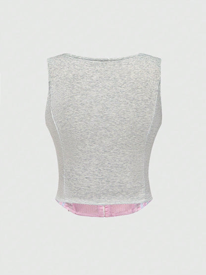 ROMWE Avant Chaleco deportivo con jersey numérico, estampado de leopardo y contraste de encaje rosa del estilo Y2K