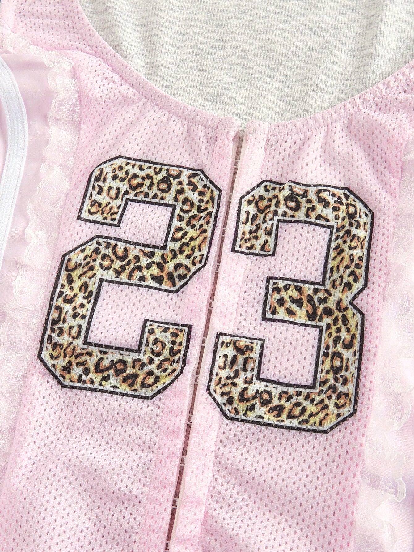 ROMWE Avant Chaleco deportivo con jersey numérico, estampado de leopardo y contraste de encaje rosa del estilo Y2K