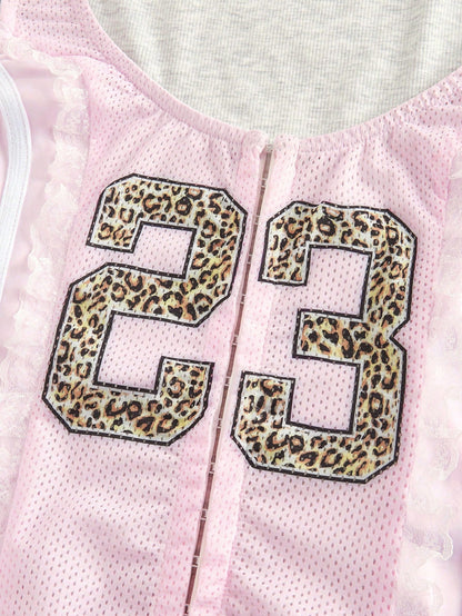 ROMWE Avant Chaleco deportivo con jersey numérico, estampado de leopardo y contraste de encaje rosa del estilo Y2K