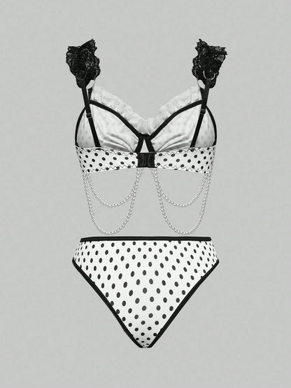 ROMWE Avant Conjunto de lencería sexy de corpiño con aros, encaje y cadena de perlas con diseño de lunares, hecho a mano y elegante para mujeres