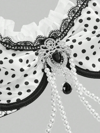 ROMWE Avant Conjunto de lencería sexy de corpiño con aros, encaje y cadena de perlas con diseño de lunares, hecho a mano y elegante para mujeres