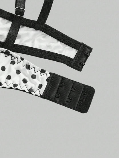 ROMWE Avant Conjunto de lencería sexy de corpiño con aros, encaje y cadena de perlas con diseño de lunares, hecho a mano y elegante para mujeres