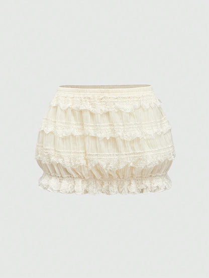 ROMWE Avant Minifalda de verano para mujer con parches de encaje y volantes