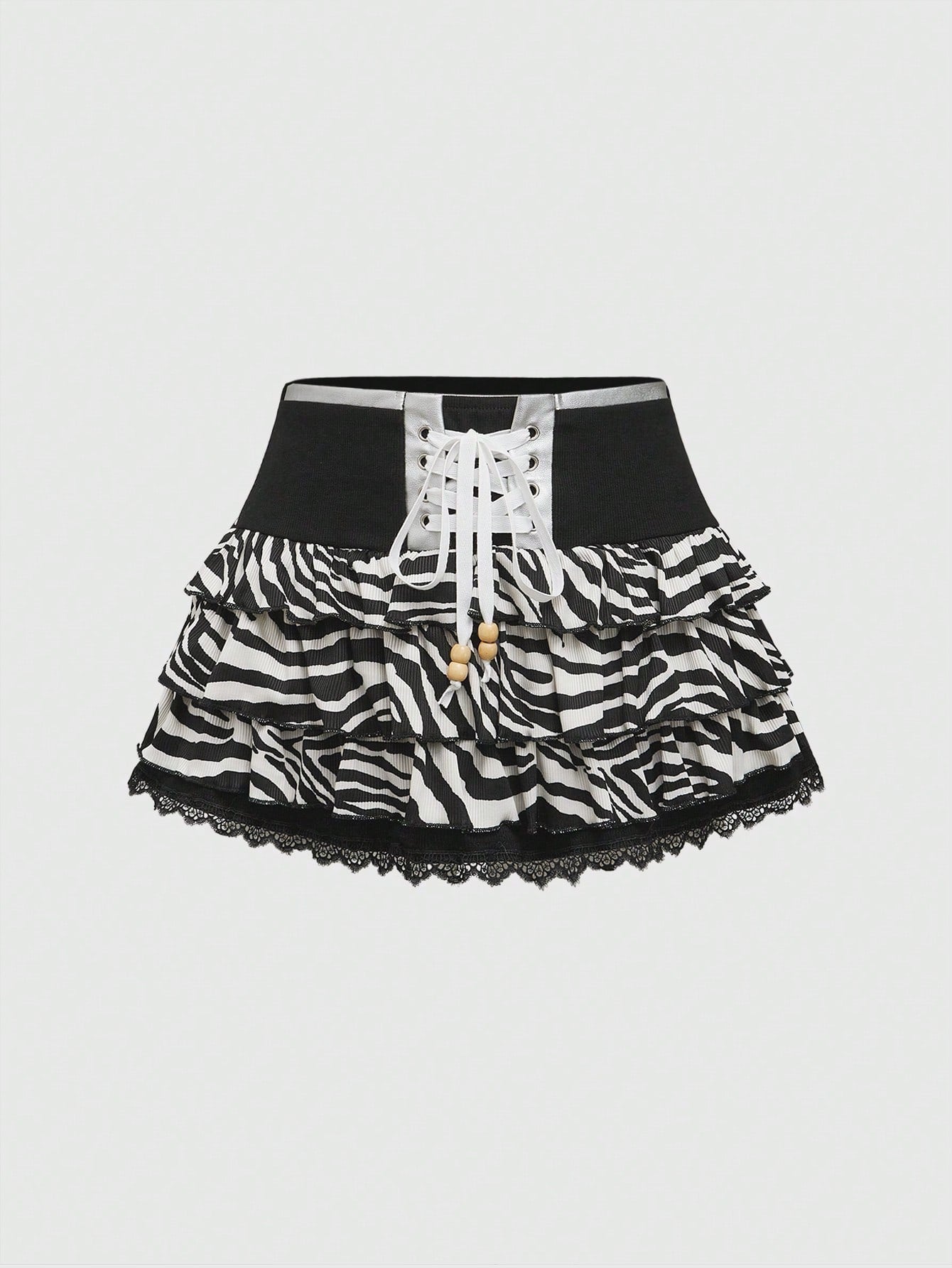 ROMWE Avant Minifalda minimalista con estampado de cebra Shibuya, con bajo de encaje y nudo delantero casual para mujer