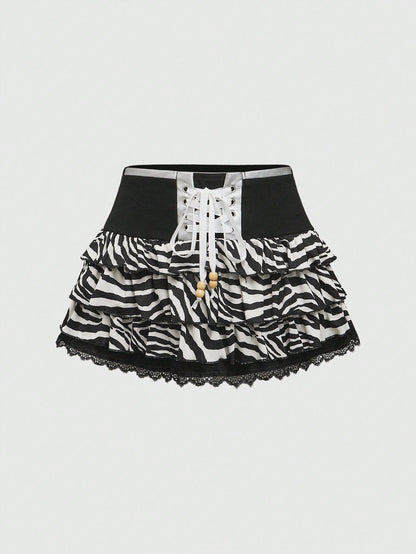 ROMWE Avant Minifalda minimalista con estampado de cebra Shibuya, con bajo de encaje y nudo delantero casual para mujer