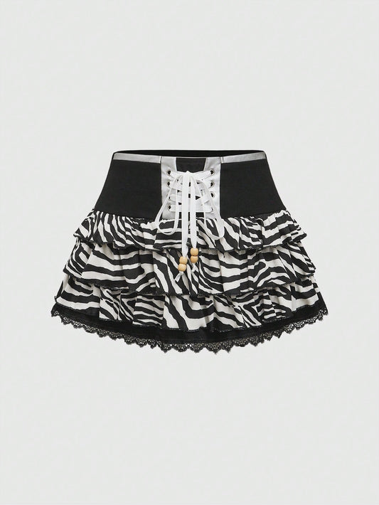 ROMWE Avant Minifalda minimalista con estampado de cebra Shibuya, con bajo de encaje y nudo delantero casual para mujer