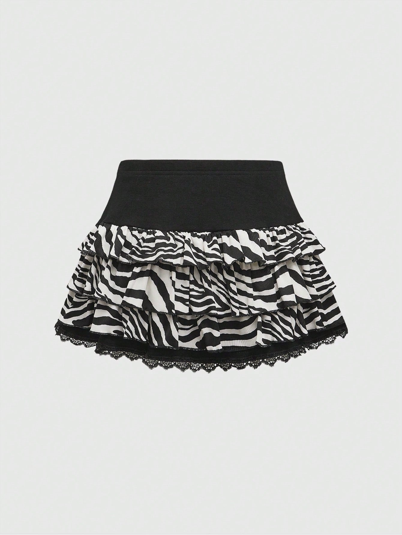 ROMWE Avant Minifalda minimalista con estampado de cebra Shibuya, con bajo de encaje y nudo delantero casual para mujer