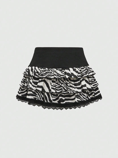 ROMWE Avant Minifalda minimalista con estampado de cebra Shibuya, con bajo de encaje y nudo delantero casual para mujer