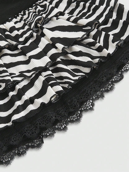 ROMWE Avant Minifalda minimalista con estampado de cebra Shibuya, con bajo de encaje y nudo delantero casual para mujer