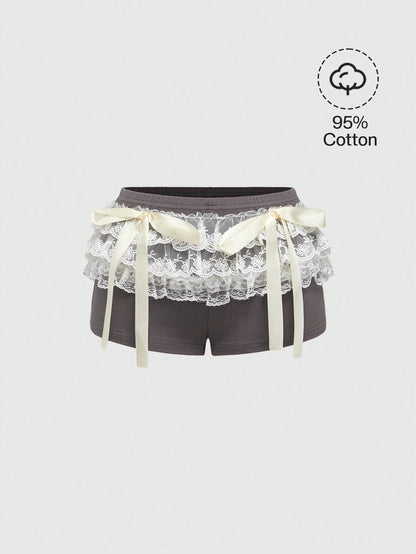 ROMWE Avant Shorts con diseño de lazo, de cintura ultra baja, con capas de encaje y malla estilo ballet, de estilo atlético