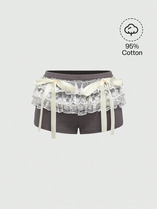 ROMWE Avant Shorts con diseño de lazo, de cintura ultra baja, con capas de encaje y malla estilo ballet, de estilo atlético