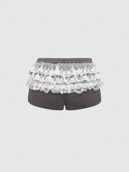 ROMWE Avant Shorts con diseño de lazo, de cintura ultra baja, con capas de encaje y malla estilo ballet, de estilo atlético