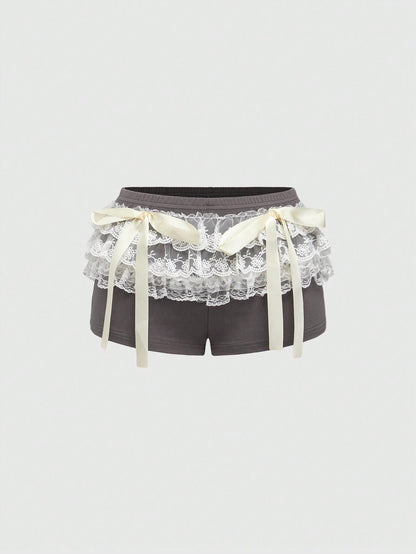 ROMWE Avant Shorts con diseño de lazo, de cintura ultra baja, con capas de encaje y malla estilo ballet, de estilo atlético