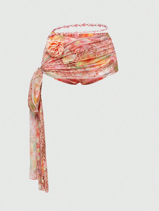 ROMWE Avant Shorts mini de cintura extra baja con estampado de cadenas y flores 3D en estilo romántico y sexy para vacaciones de mujeres