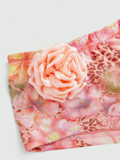 ROMWE Avant Shorts mini de cintura extra baja con estampado de cadenas y flores 3D en estilo romántico y sexy para vacaciones de mujeres