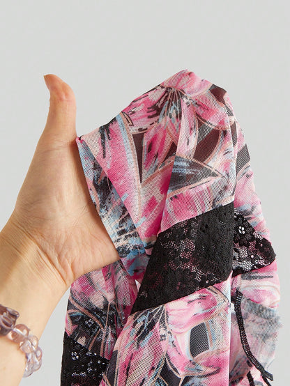 ROMWE Avant Top de tirantes con estampado floral, encaje de contraste, cordón en el cuello, volantes multicapa en el dobladillo para vacaciones y playa de mujer