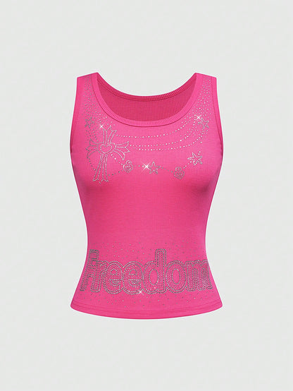 ROMWE Avant Top de tirantes rosado con cristal, cruz adornada y remaches de strass para mujeres, estilo Y2K