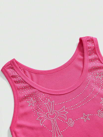 ROMWE Avant Top de tirantes rosado con cristal, cruz adornada y remaches de strass para mujeres, estilo Y2K