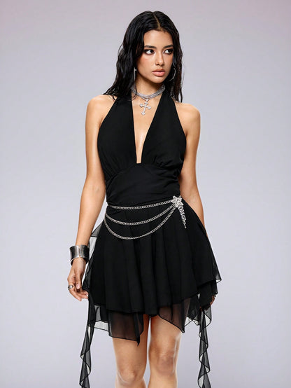 ROMWE Avant Vestido con escote halter de gasa y diseño sexy con espalda descubierta, falda con múltiples volantes en el bajo, estilo Y2K
