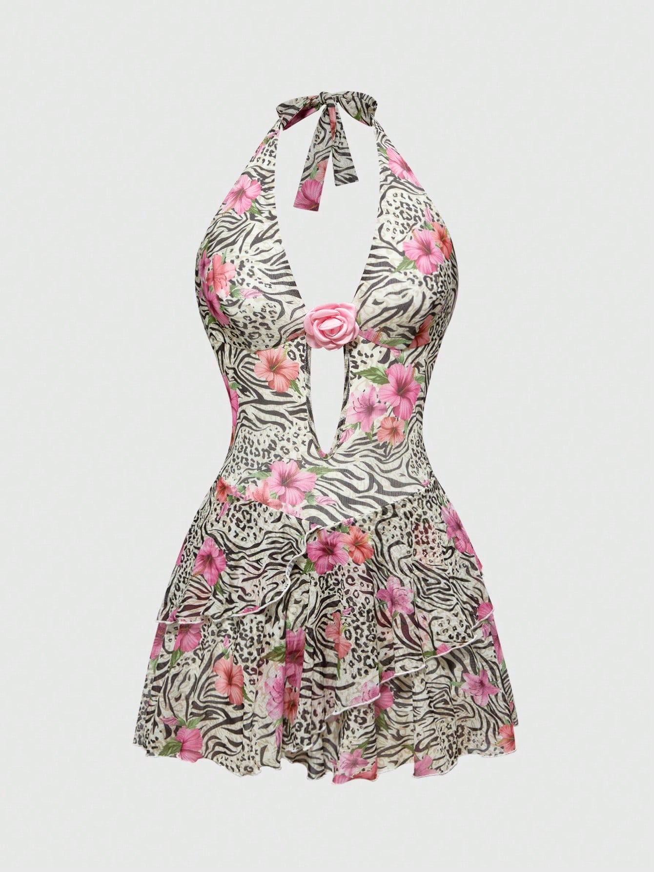 ROMWE Avant Vestido con volantes en el cuello y decoración floral 3D con estampado romántico de cebra, leopardo y flores de hibisco en estilo vacacional para mujeres