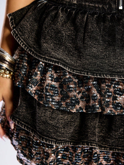 ROMWE Avant Vestido de mezclilla con escote halter, moño, decoración de rhinestones, estampado de leopardo y volantes en el bajo para mujer, estilo Y2K