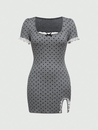 ROMWE Avant Vestido de punto con estampado de lunares, recortes en contraste de color y abertura sexy, con estilo retro del sur de Francia y Sicilia, de 2 en 1