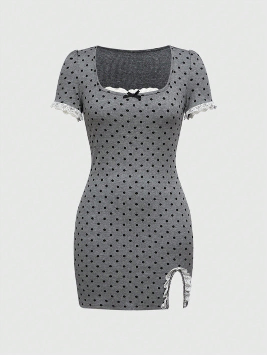 ROMWE Avant Vestido de punto con estampado de lunares, recortes en contraste de color y abertura sexy, con estilo retro del sur de Francia y Sicilia, de 2 en 1