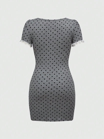 ROMWE Avant Vestido de punto con estampado de lunares, recortes en contraste de color y abertura sexy, con estilo retro del sur de Francia y Sicilia, de 2 en 1