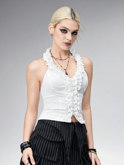 ROMWE Blusa blanca ajustada sin mangas de estilo preppy Y2K para mujeres
