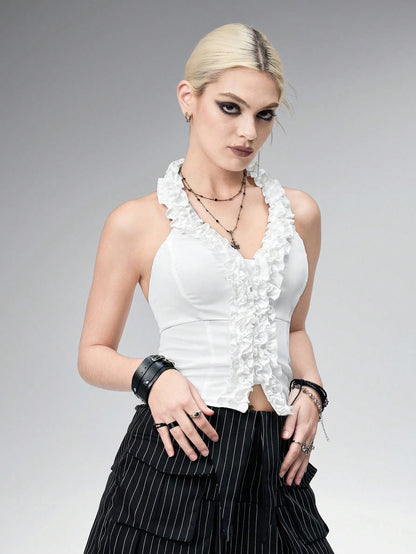 ROMWE Blusa blanca ajustada sin mangas de estilo preppy Y2K para mujeres