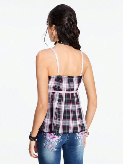 ROMWE Kawaii Blusa bordada con lazo de cráneo y dobladillo con volantes en cuadros negro y rosa kawaii para mujeres