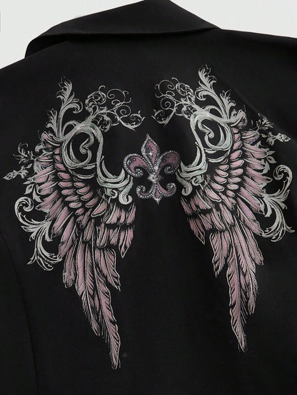 ROMWE Blusa con mangas acampanadas, estampado de cruz y alas, con cadena y campanas
