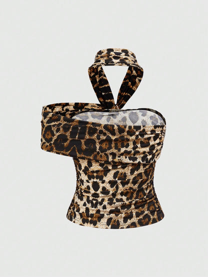 ROMWE Blusa de mujer asimétrica con hombros descubiertos, decoración metálica y fruncido frontal