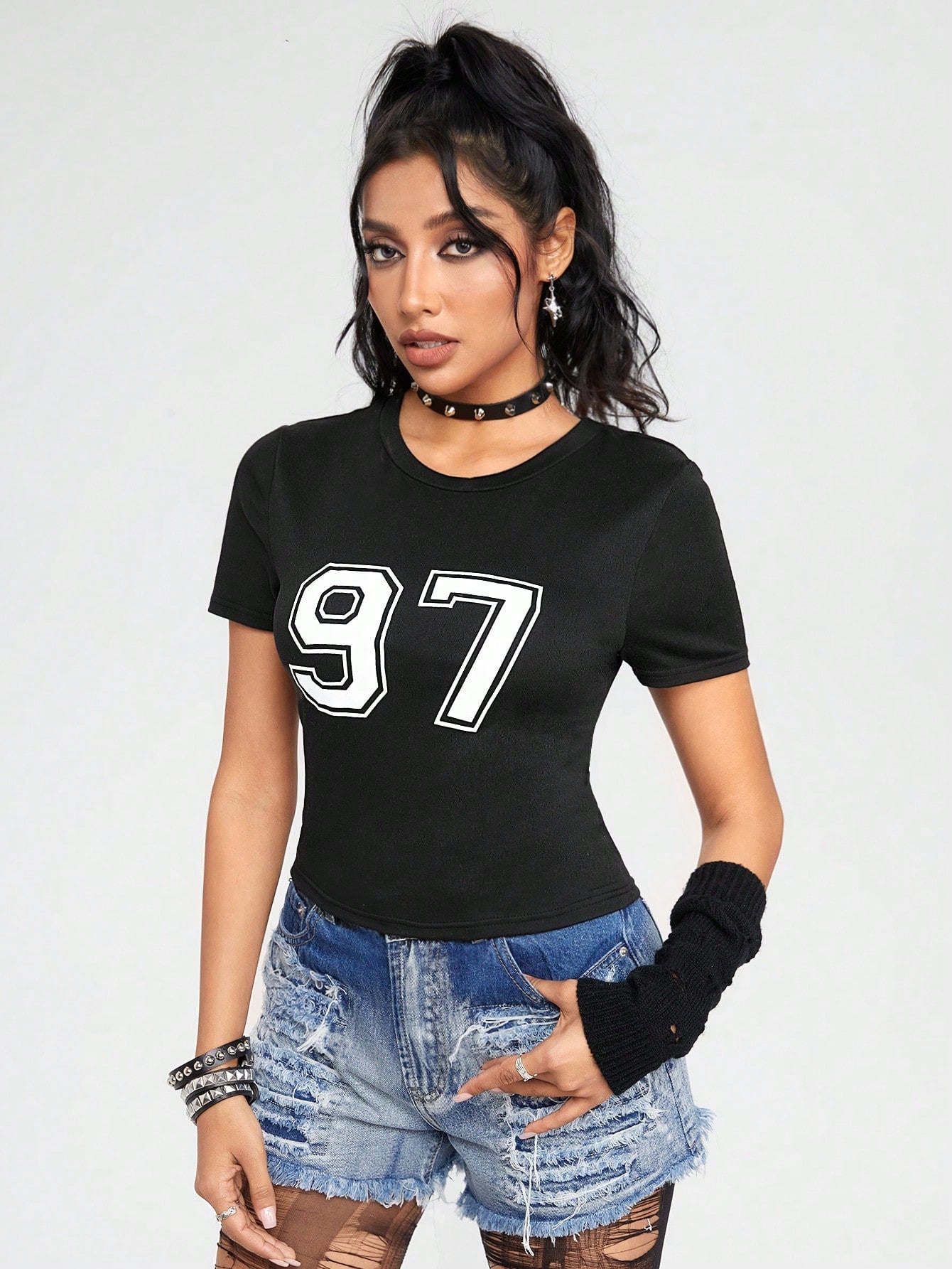 ROMWE Camiseta Casual Slim Fit De Manga Corta Elástica Con Cuello Redondo Y Estampado Digital 97, Versátil Para Mujer
