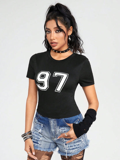 ROMWE Camiseta Casual Slim Fit De Manga Corta Elástica Con Cuello Redondo Y Estampado Digital 97, Versátil Para Mujer