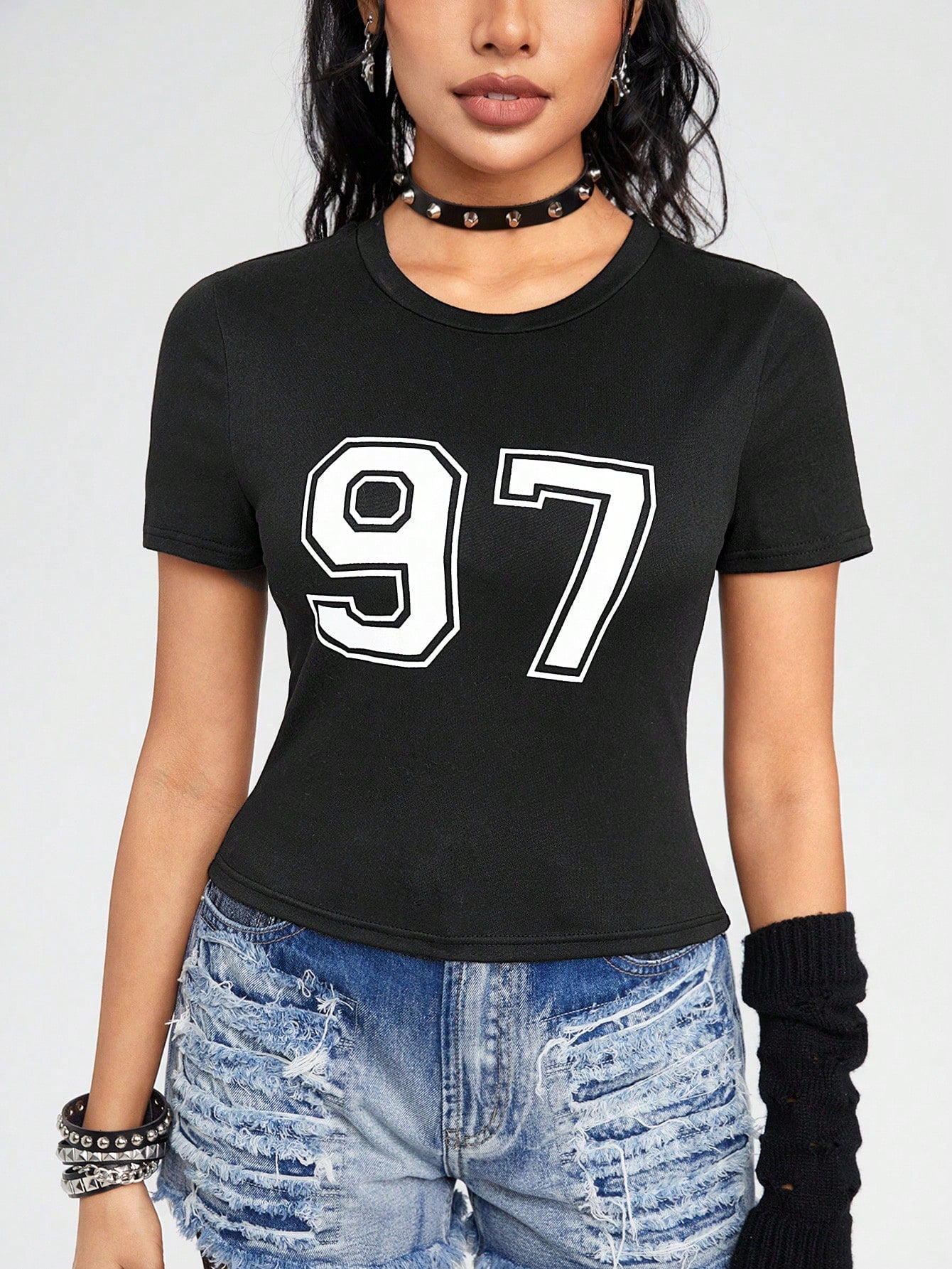 ROMWE Camiseta Casual Slim Fit De Manga Corta Elástica Con Cuello Redondo Y Estampado Digital 97, Versátil Para Mujer