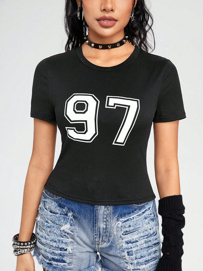 ROMWE Camiseta Casual Slim Fit De Manga Corta Elástica Con Cuello Redondo Y Estampado Digital 97, Versátil Para Mujer