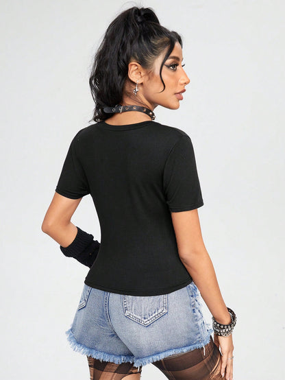 ROMWE Camiseta Casual Slim Fit De Manga Corta Elástica Con Cuello Redondo Y Estampado Digital 97, Versátil Para Mujer