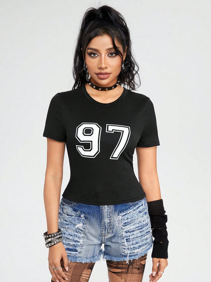 ROMWE Camiseta Casual Slim Fit De Manga Corta Elástica Con Cuello Redondo Y Estampado Digital 97, Versátil Para Mujer