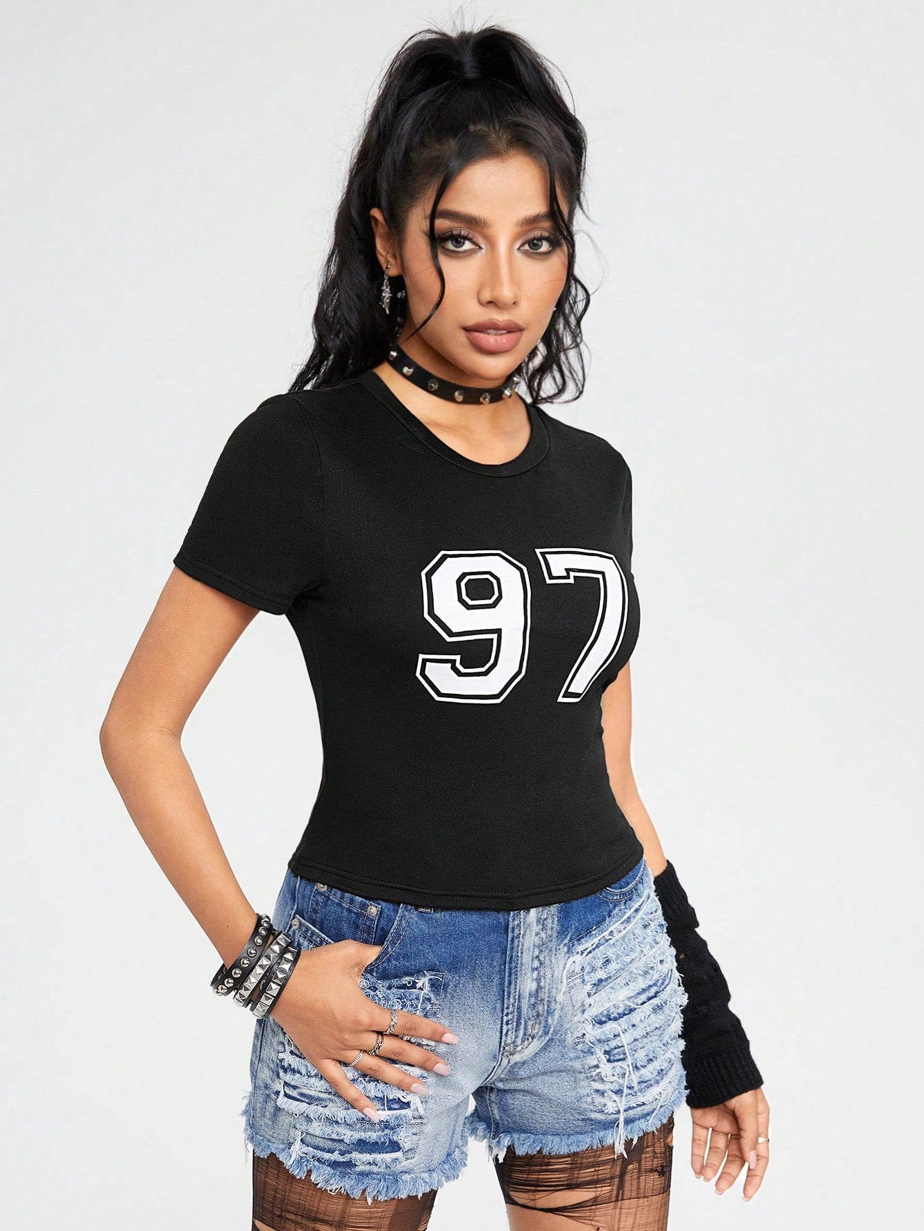 ROMWE Camiseta Casual Slim Fit De Manga Corta Elástica Con Cuello Redondo Y Estampado Digital 97, Versátil Para Mujer