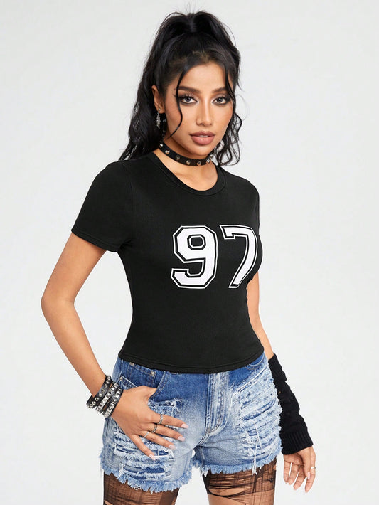 ROMWE Camiseta Casual Slim Fit De Manga Corta Elástica Con Cuello Redondo Y Estampado Digital 97, Versátil Para Mujer