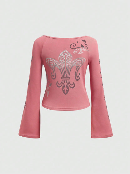 ROMWE Camiseta De Manga Acampanada Con Estampado De Patrón