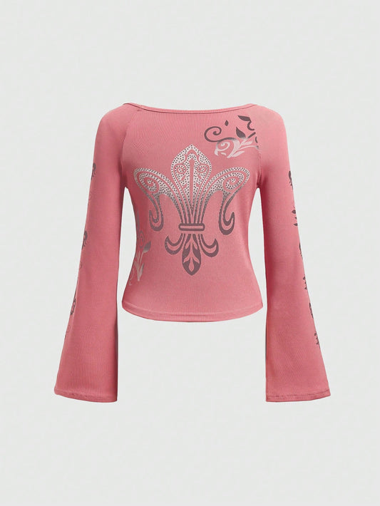 ROMWE Camiseta De Manga Acampanada Con Estampado De Patrón