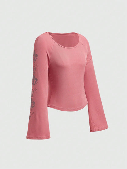 ROMWE Camiseta De Manga Acampanada Con Estampado De Patrón