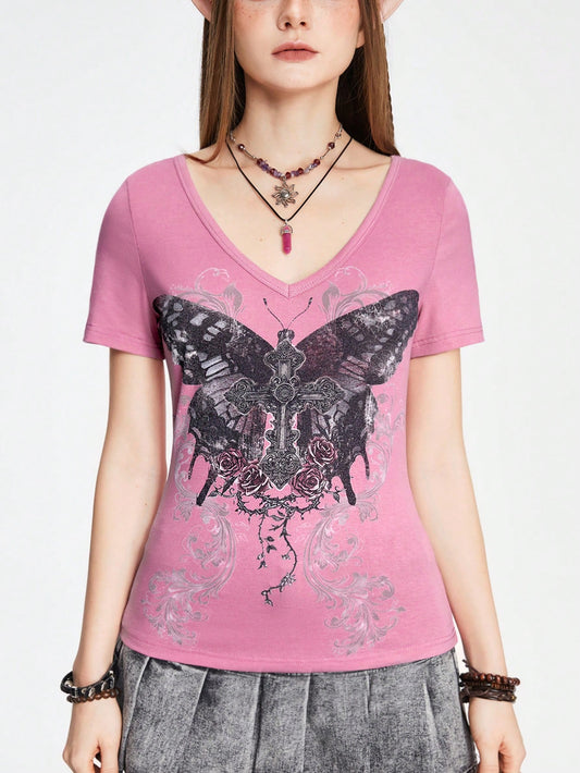 ROMWE Camiseta de mujer con estampado retro Y2K de cruz y mariposa