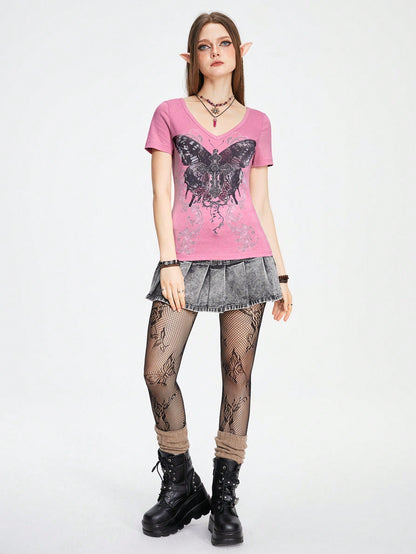 ROMWE Camiseta de mujer con estampado retro Y2K de cruz y mariposa