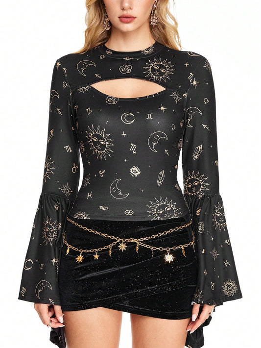 ROMWE Hippie Camiseta de mujer de manga acampanada y hueca de terciopelo con estilo hippie