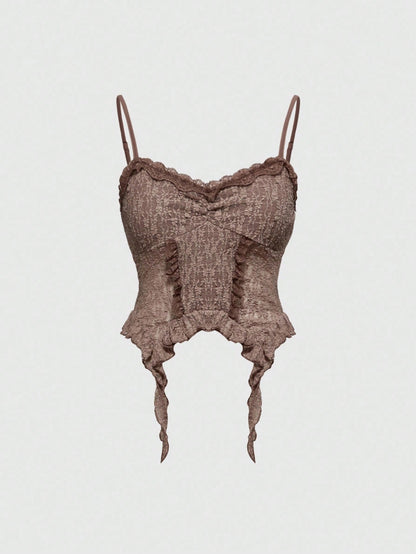 ROMWE Camiseta de tirantes ajustada con dobladillo asimétrico de encaje con textura desgastada y aspecto desaliñado